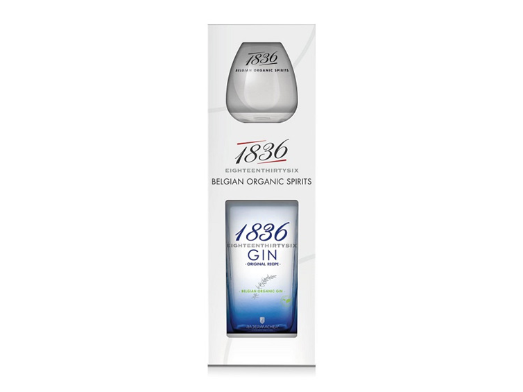 1836 Belgian Organic Gin 43 graden 70cl geschenkverpakking met bijpassend gin glas