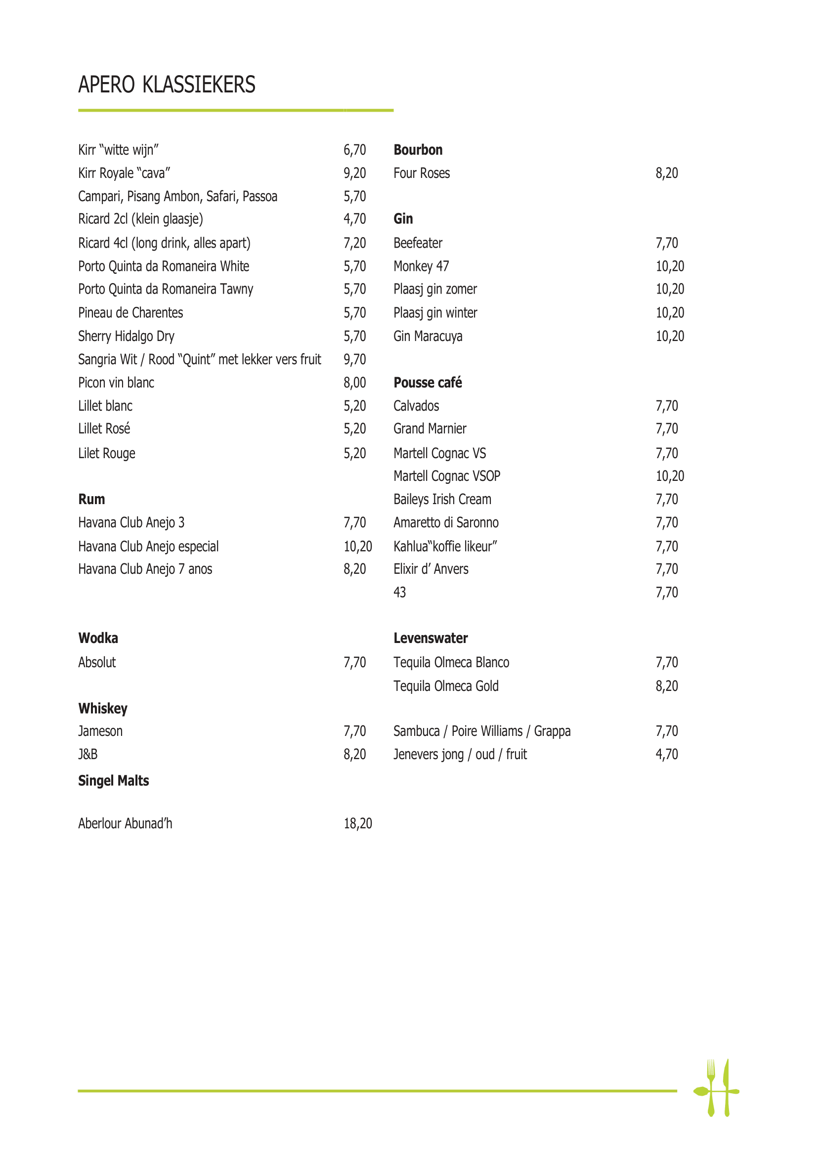 Hole 10 - Food & Drinks -  Drankkaart