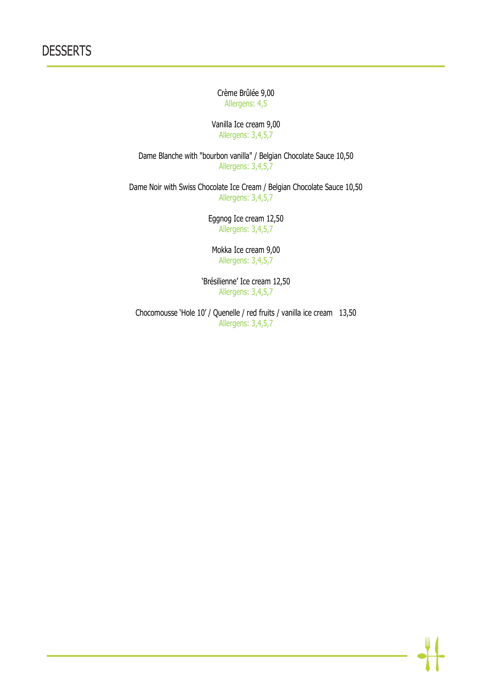 Hole 10 - Food & Drinks -  Menukaart EN