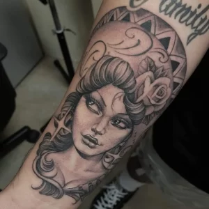 single needle black & grey girl head tattoo