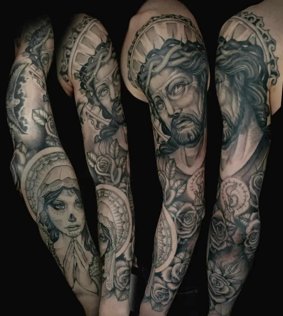 Chicano Fine Line Tattoo sleeve jesus tattoo