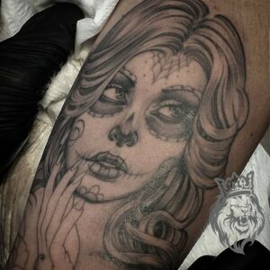 single needle black & grey day of the dead girl tattoo