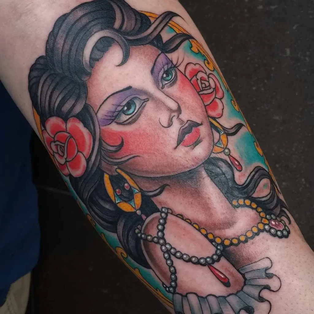 neotraditional girl head tattoo