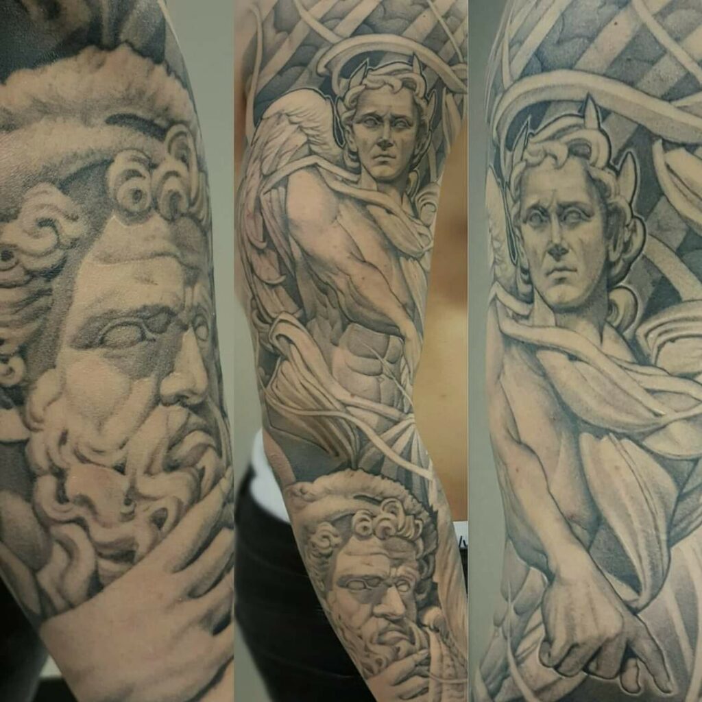 Singleneedle greek gods tattoo sleeve