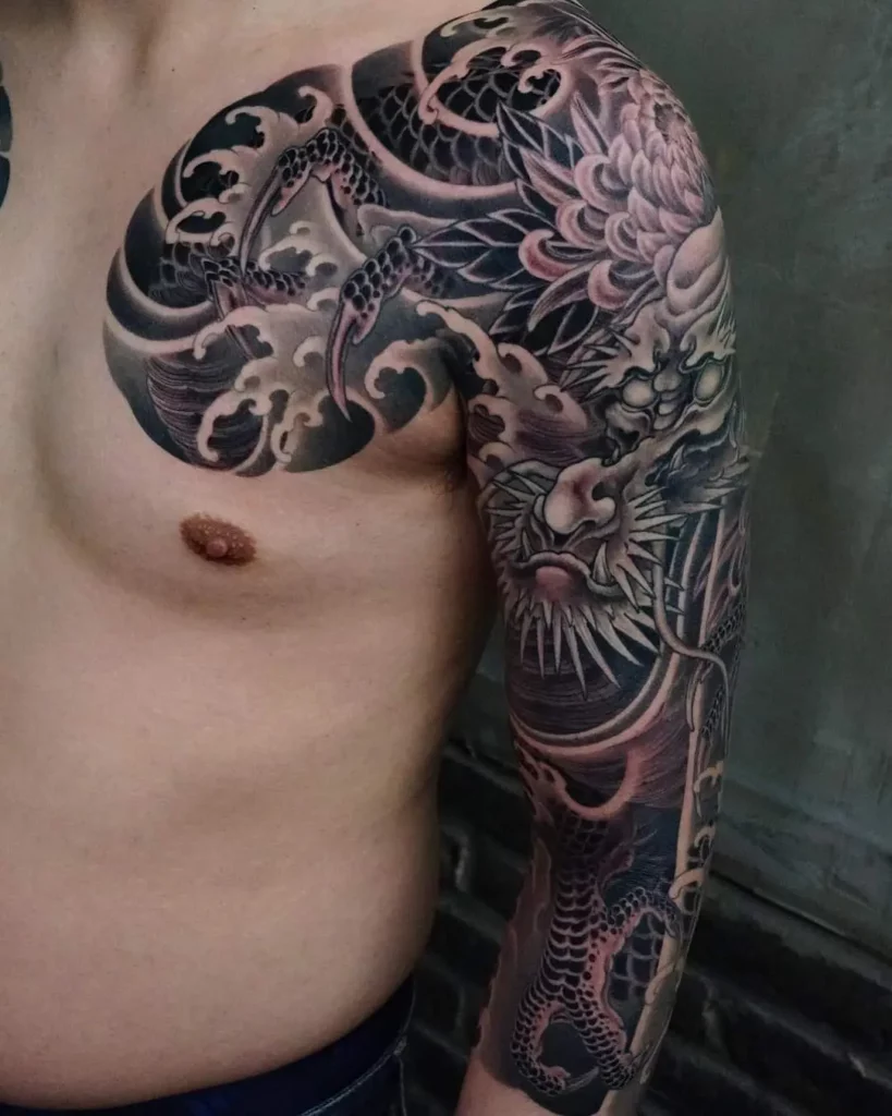 japanse draken tattoo, japanese dragon tattoo wabori style tattoo-sleeve