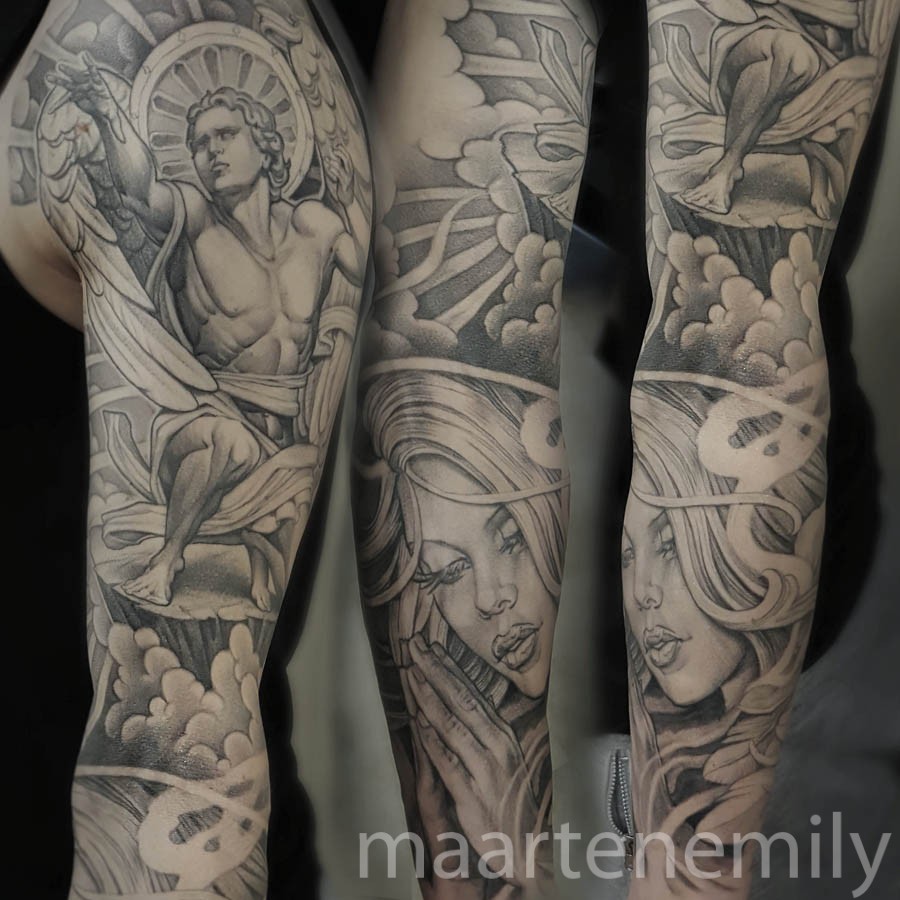 single needle angel tattoo sleeve