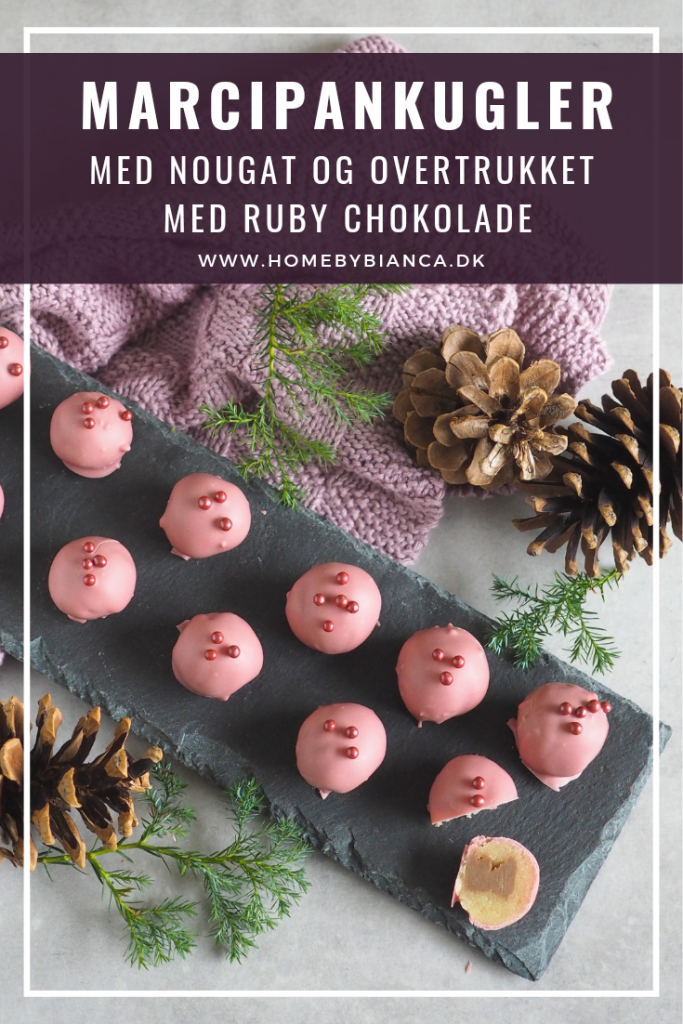 Marcipankugler med nougat overtrukket med ruby chokolade