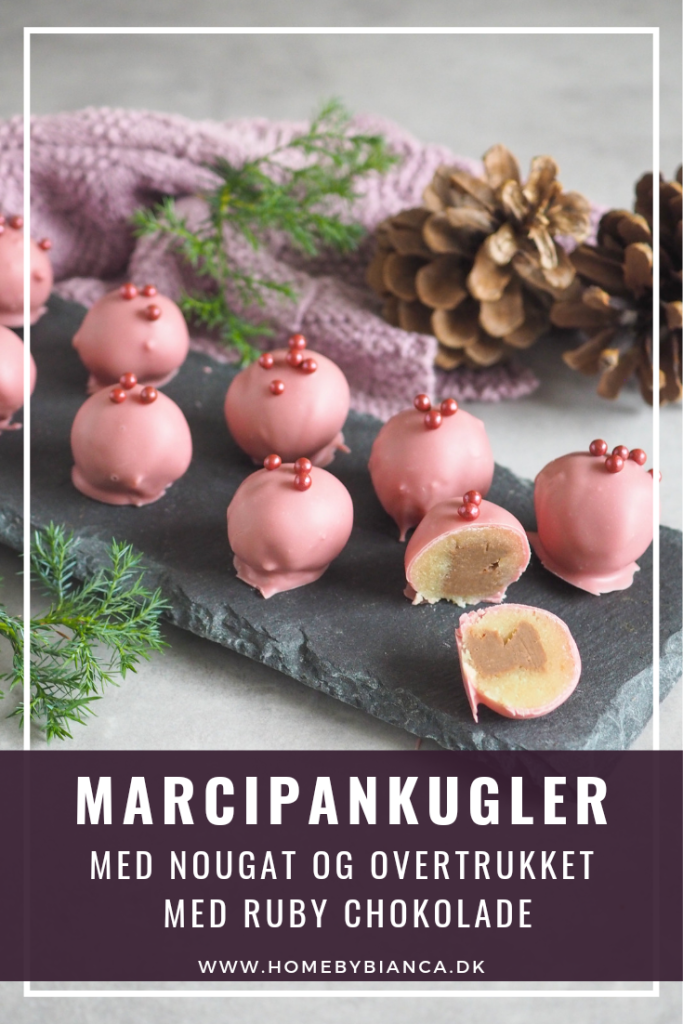 Marcipankugler med nougat overtrukket med ruby chokolade