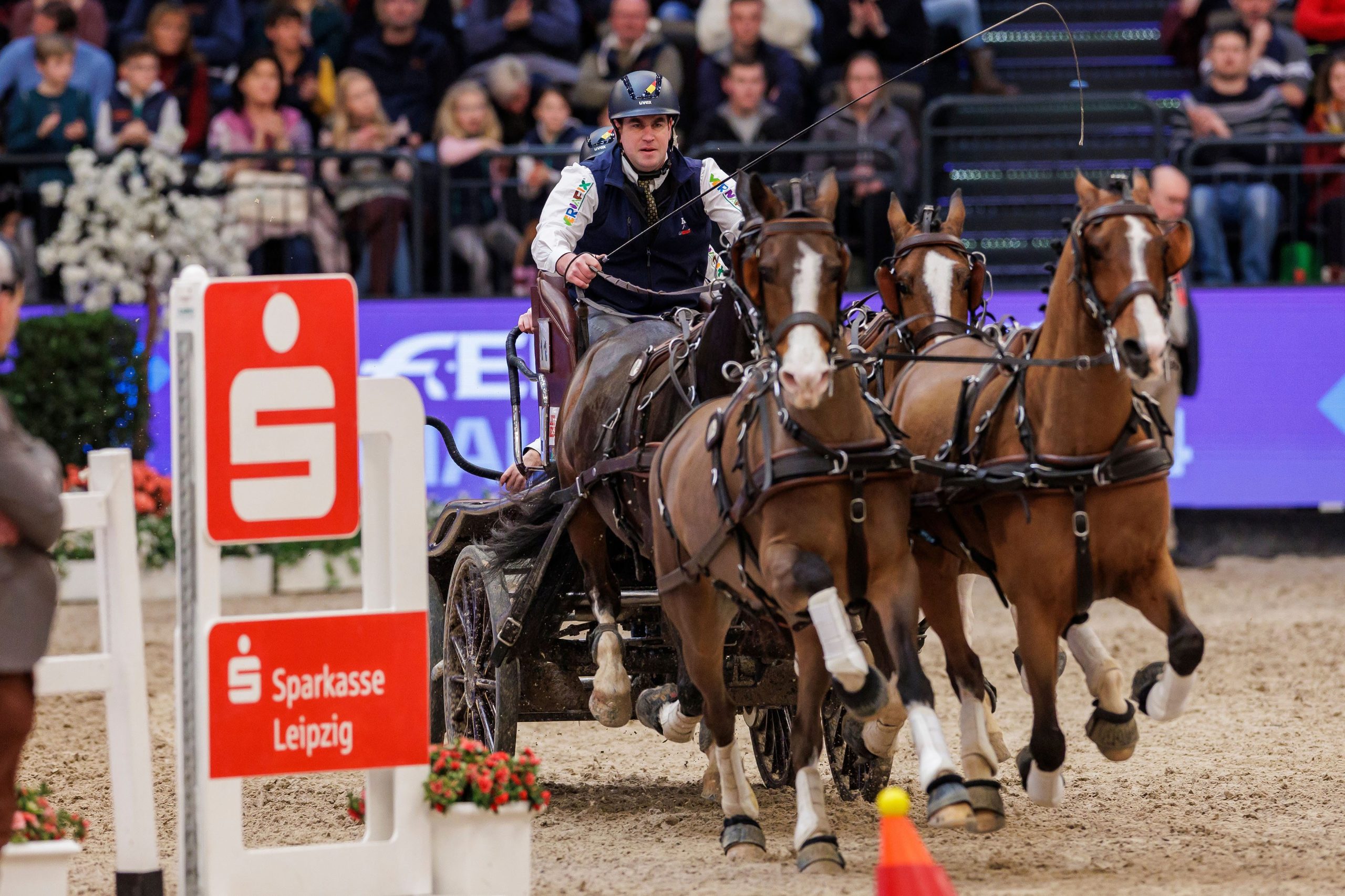 Dries Degrieck aus Belgien konnte mit seinen Pferden Hunter, Leon, Kane B und Big Star seine ersten Weltcup in Leipzig gewinnen. Foto: Sportfotos-Larentz.de
