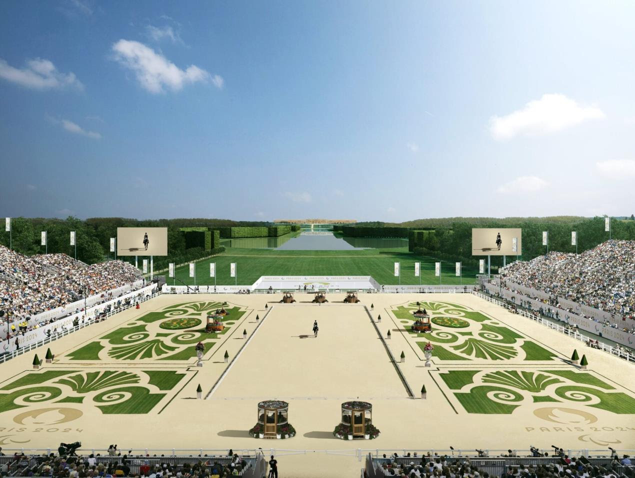 3D-Grafik des Schlosses Versailles, Austragungsort des Pferdesports bei den Olympischen Spielen 2024 in Paris. © Paris 2024