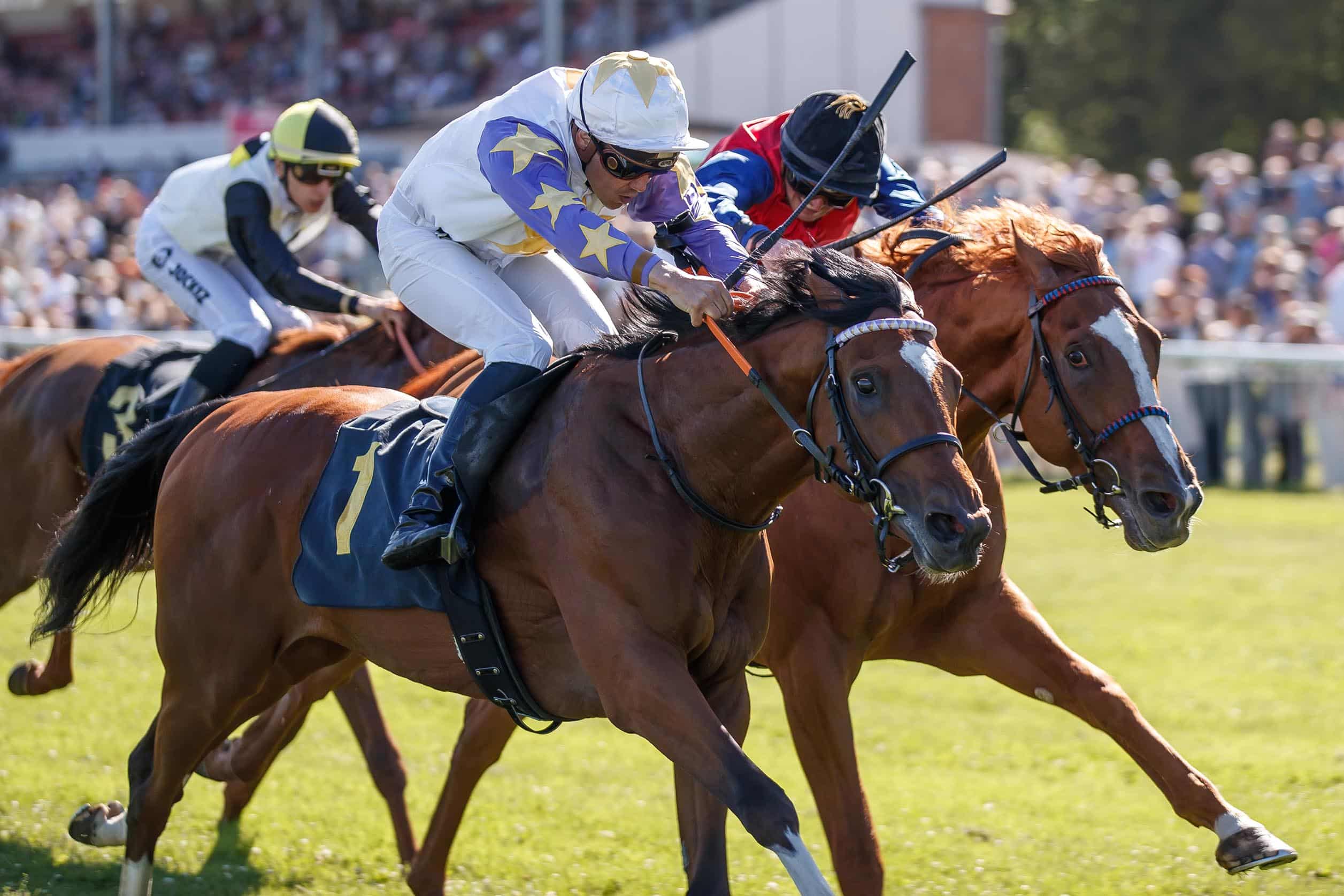 Lahzar Star und Bauyrzhan Murzabayev mit knappem Sieg vor Northern Olympian in Hoppegarten. (Foto: marcruehl.com)