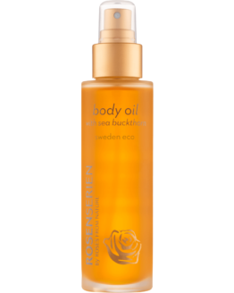 Rosenseriens Body-Oil-With-Sea-Buckthorn- Rosenseriens økologiske Bodyoil med Havtorn og Rosenolie kropsolie naturlig vegansk miljøvenlig blød hud