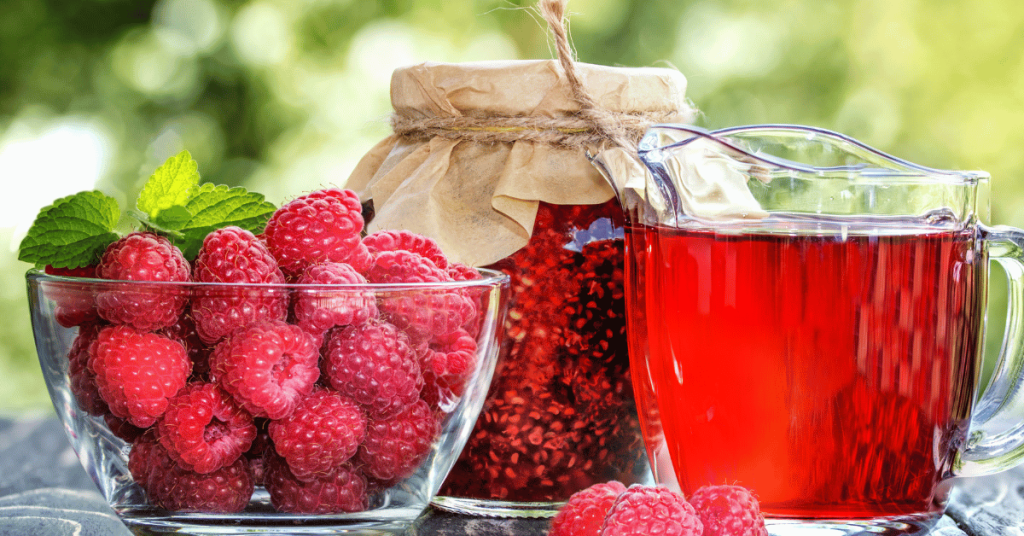 Fresh raspberries, raspberry jam and raspberry juice