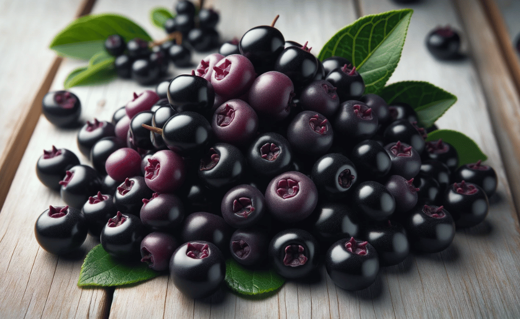 A handful of fresh Aronia berries, deep purple in color, placed on a light wooden table.