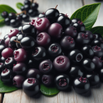 A handful of fresh Aronia berries, deep purple in color, placed on a light wooden table.