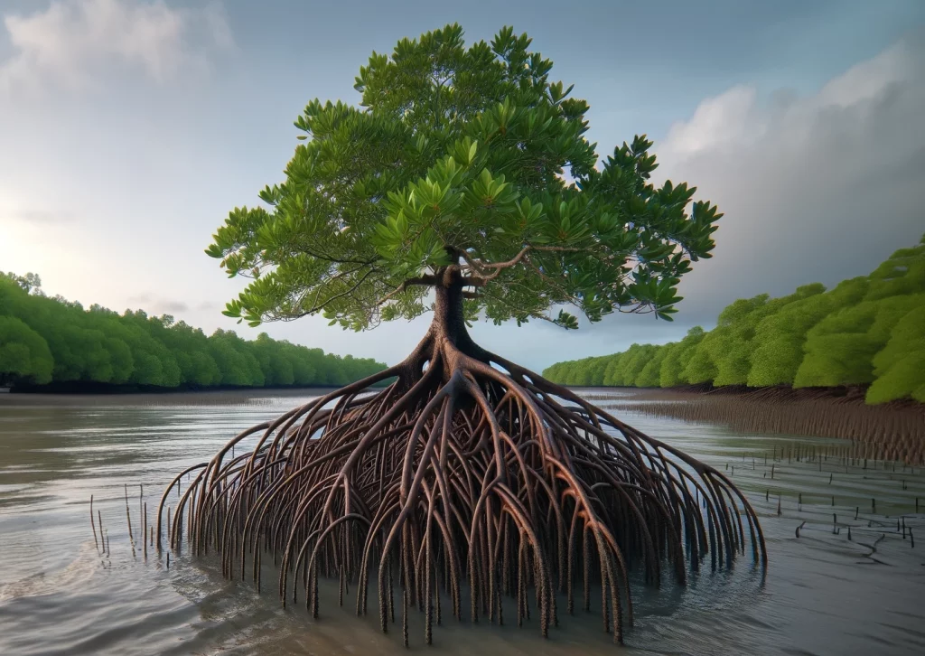 Illustration of a Mangrove tree in a coastal setting prominently showcasing its adventitious root system