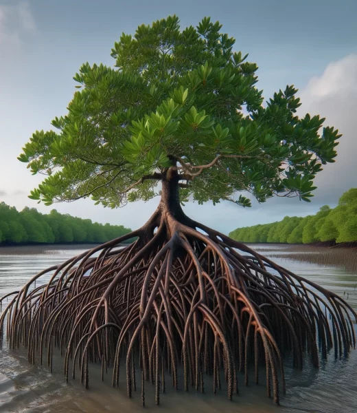 Illustration of a Mangrove tree in a coastal setting prominently showcasing its adventitious root system