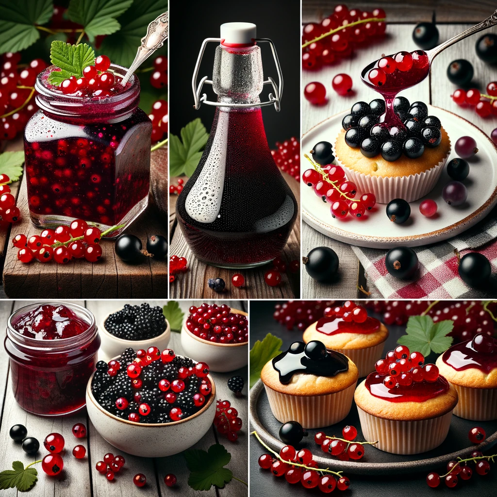 A photo collage showcasing assorted currant products, including vibrant red and black currant jams, a bottle of white currant syrup, a muffin studded with a mix of red, black, and white currants, and a plate of tarts topped with glossy toppings from all three currant varieties, set against a backdrop of fresh currant branches.