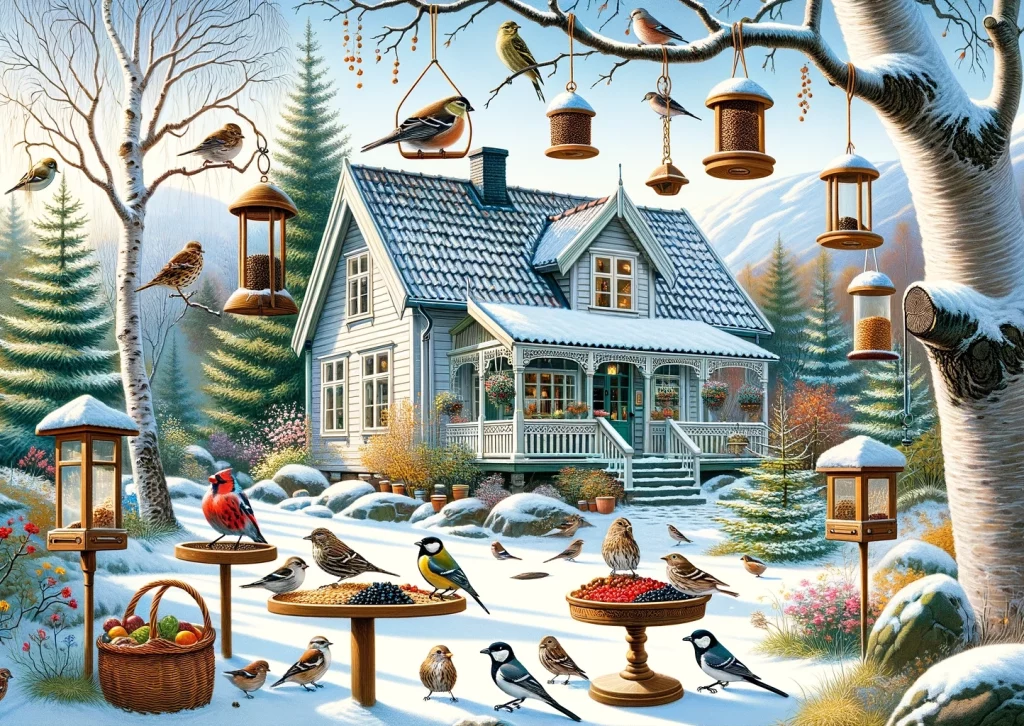 Illustration of a charming Norwegian garden during winter.webp