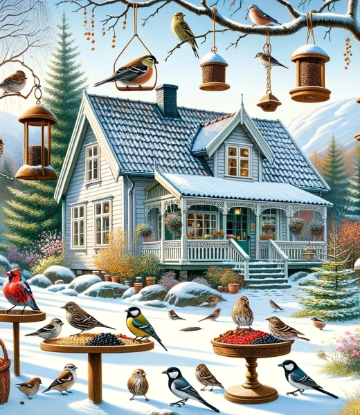 Illustration of a charming Norwegian garden during winter.webp