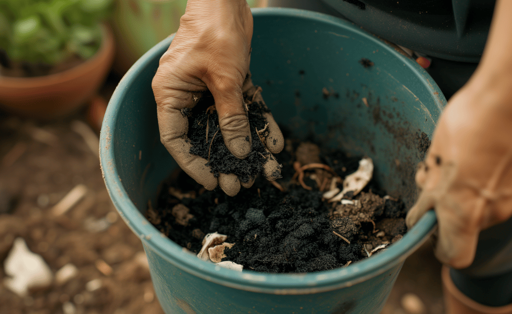 Mixing of biochar with organic materials like compost, manure, bones, and broken pottery