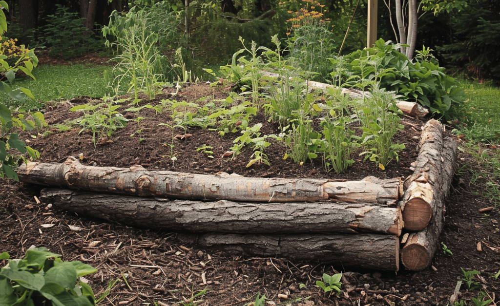 (a newly constructed Hugelkultur bed in a backyard)