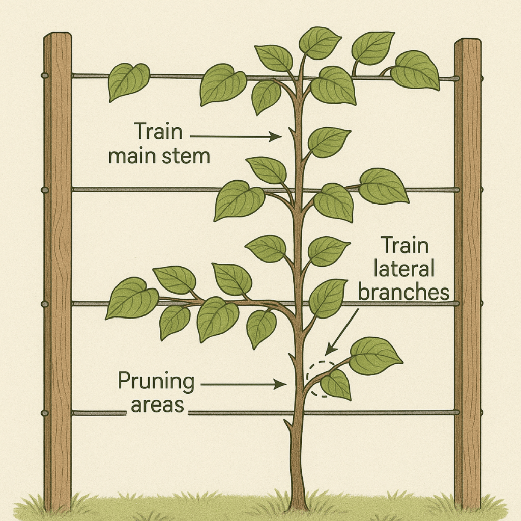 Botanical illustration showing how to train Issai hardy kiwi vines on a trellis, with labeled main stem, lateral branches, and pruning areas