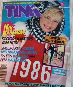 Meidenblad Tina uit de jaren 80. Halverwege de jaren 80, zo rond 1984, kreeg Tina een moderner jasje. De cover bestond niet langer uit een geschilderd vrouwenportret, maar uit echte foto's; een hele andere stijl plots. Eveneens uit mijn collectie. 