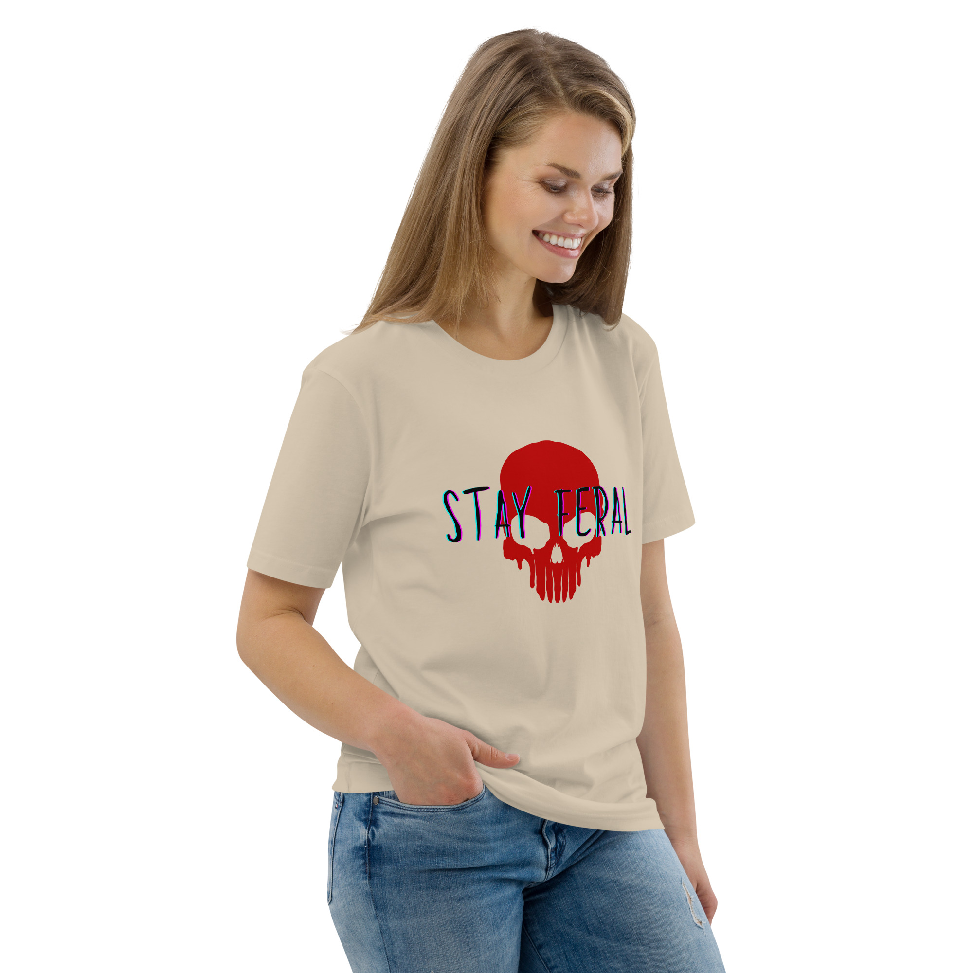 Unisex organic cotton t-shirt - Stay feral red skull - Image 41