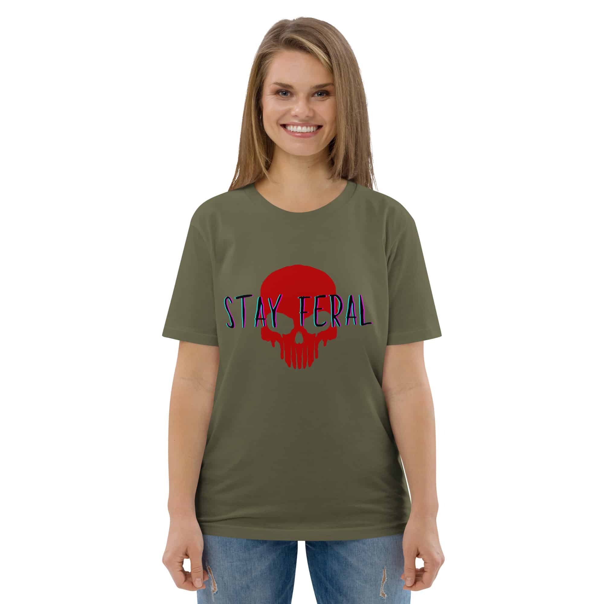 Unisex organic cotton t-shirt - Stay feral red skull - Image 12