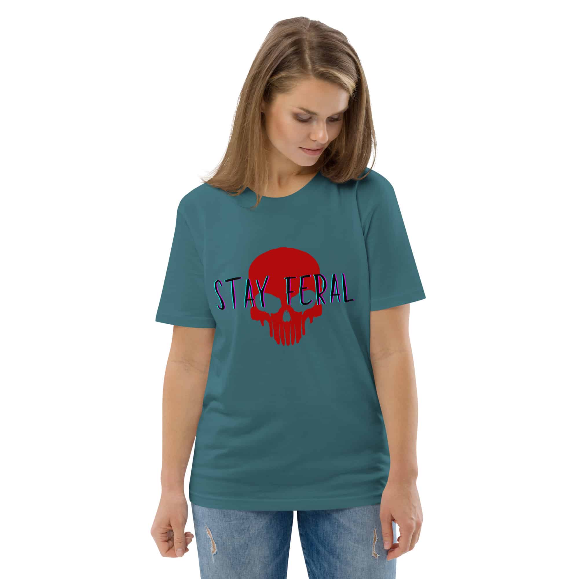 Unisex organic cotton t-shirt - Stay feral red skull - Image 5