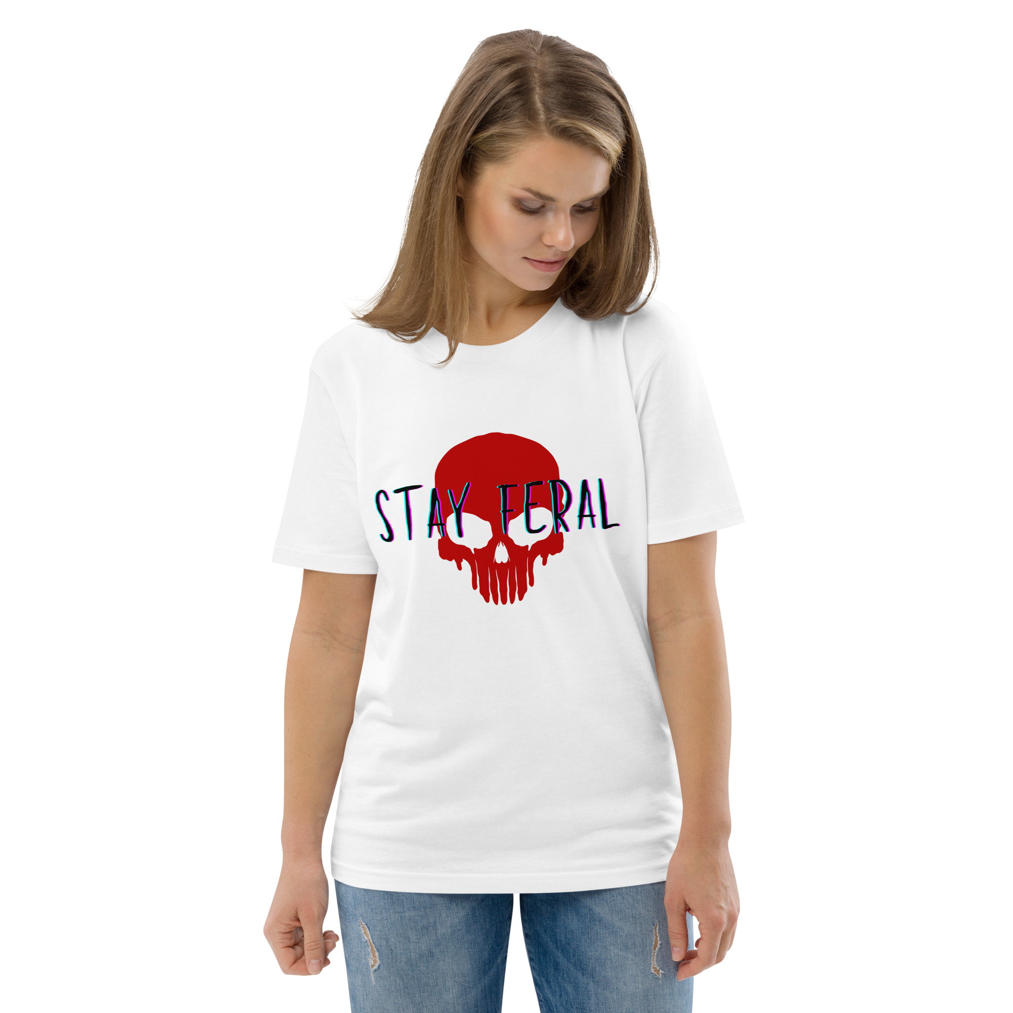 Unisex organic cotton t-shirt - Stay feral red skull - Image 44