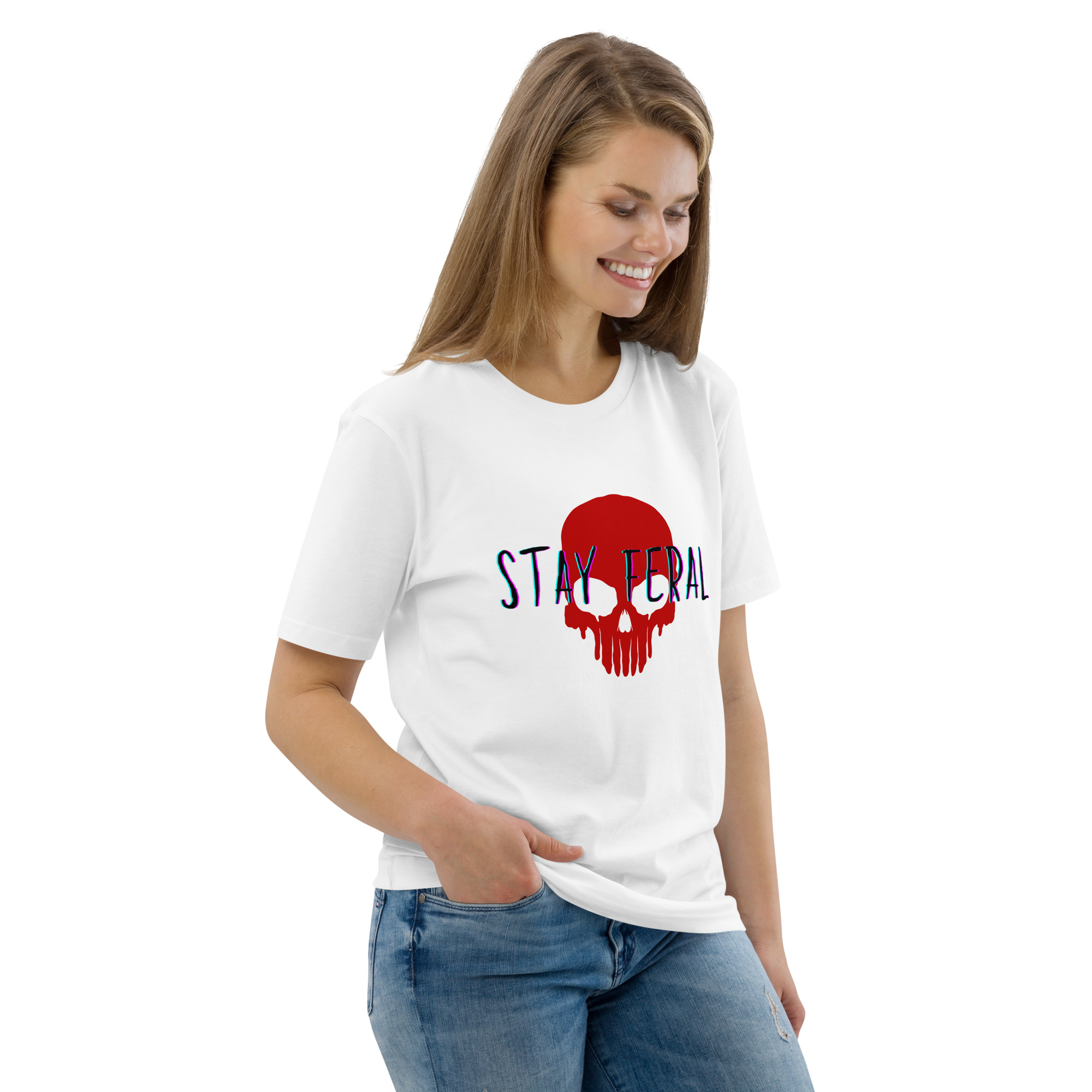 Unisex organic cotton t-shirt - Stay feral red skull - Image 48