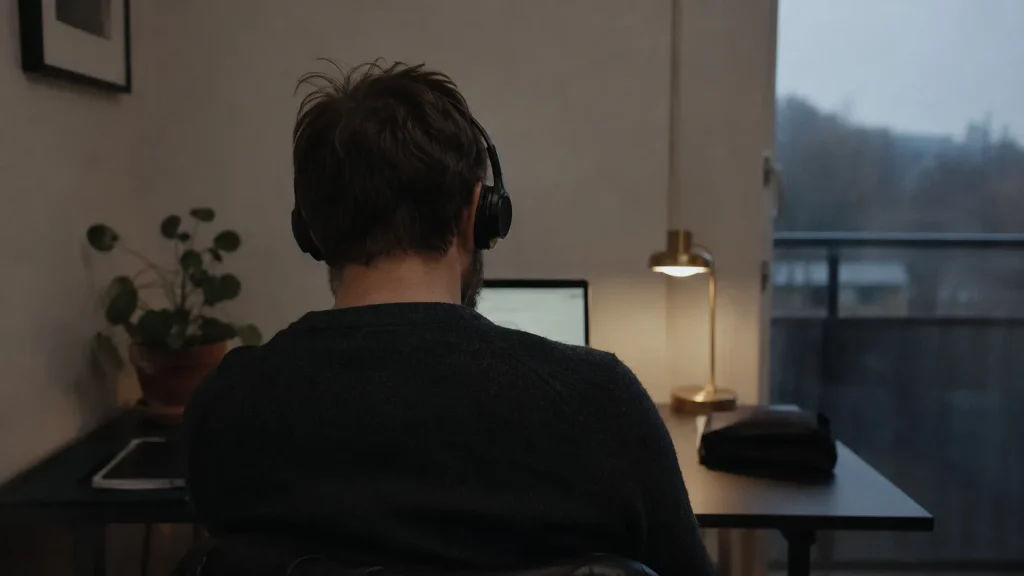 Employee with headphones in a video meeting from home