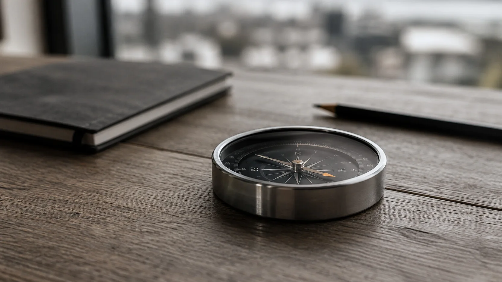 A compass with a stainless steel frame and a black dial: direction for hybrid leadership