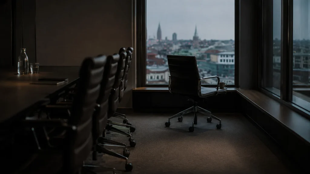 Tom kontorstol ved panoramavindue med byudsigt