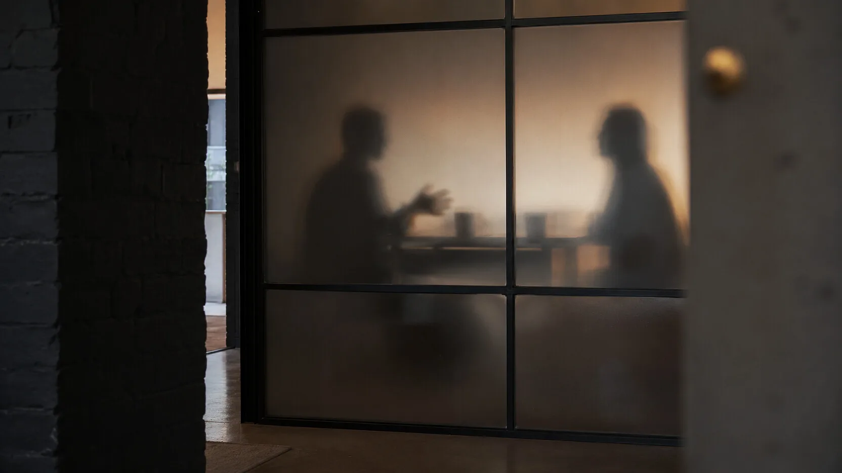 Two colleagues in conversation behind frosted glass