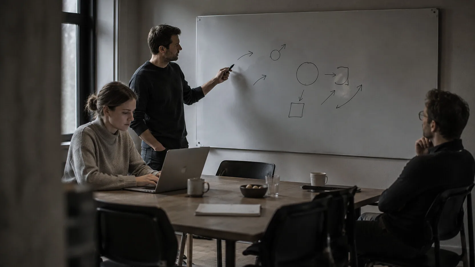 Three colleagues working together at a whiteboard: team development in practice
