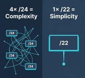 A comparison of IPv4 allocation showing multiple /24 blocks creating complex routing versus a single /22 block enabling simpler and cleaner network management.