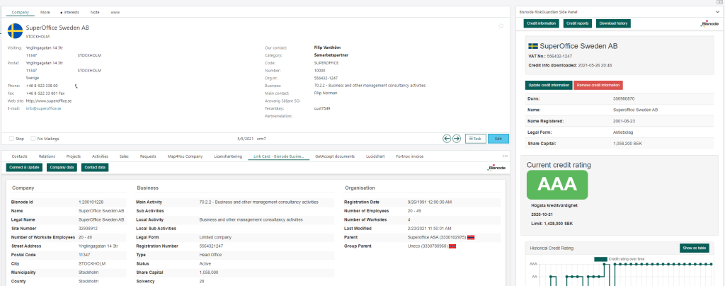 See company credit information from RiskGuardian in the company card in SuperOffice CRM