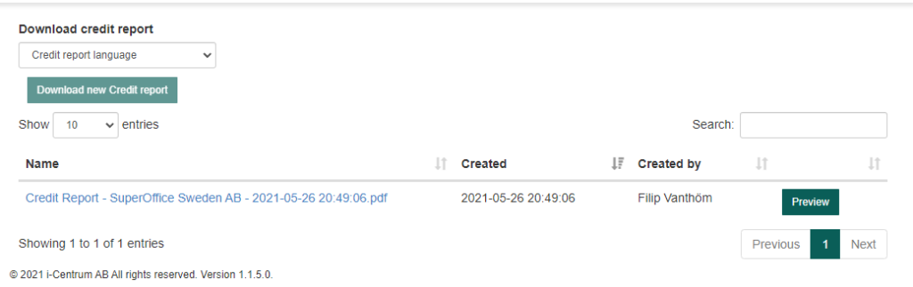History of credit downloads in SuperOffice CRM