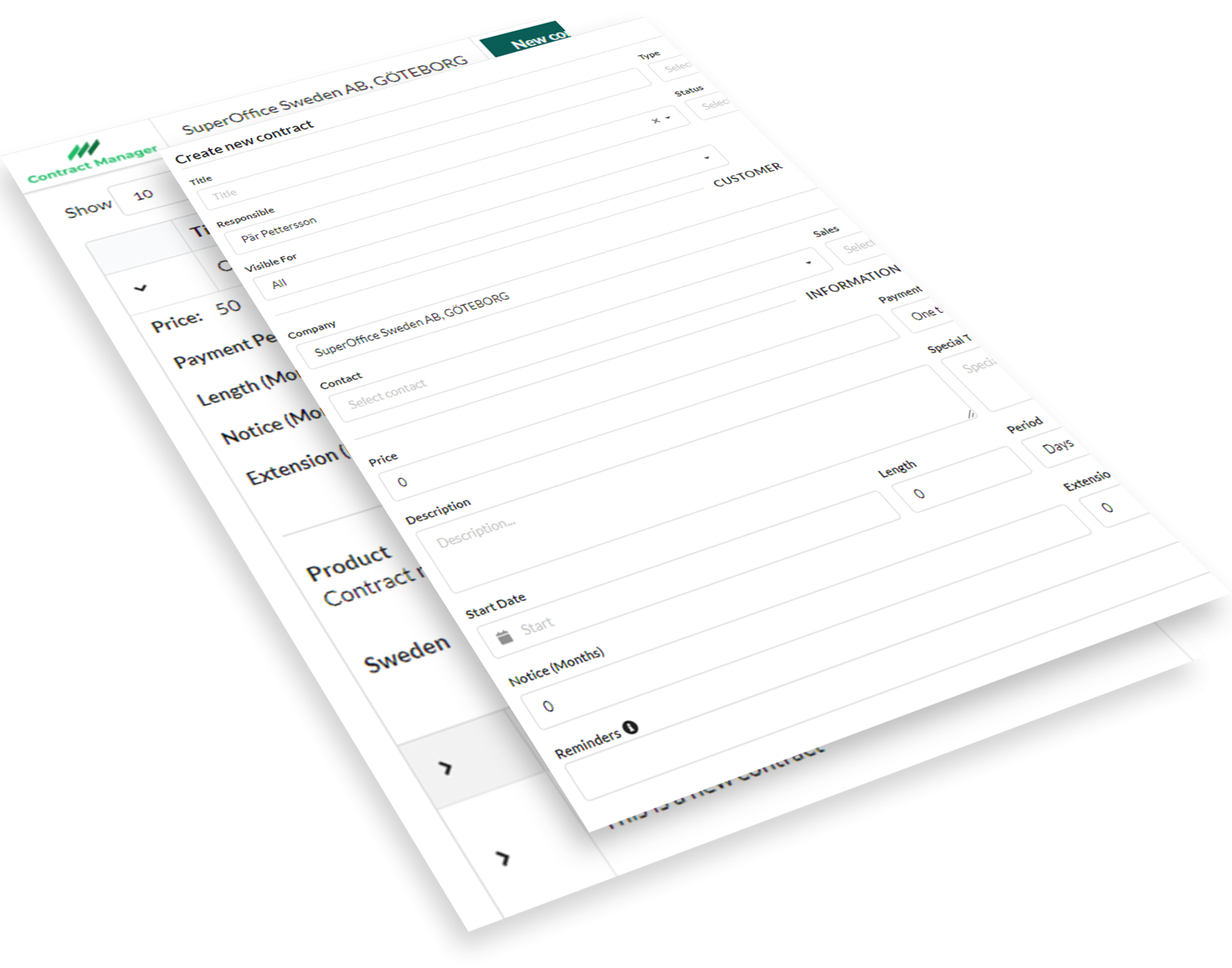 Interface of contracts manager in SuperOffice CRM