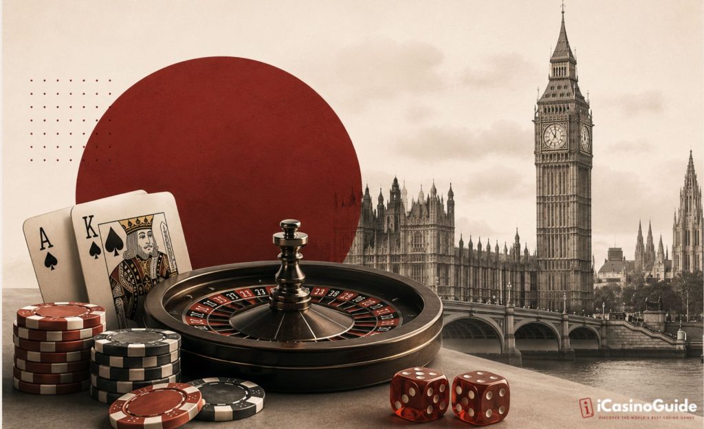 Featured image illustrating the UK's online casino market with a roulette wheel, poker chips, playing cards, dice, and the Palace of Westminster in a modern editorial style.