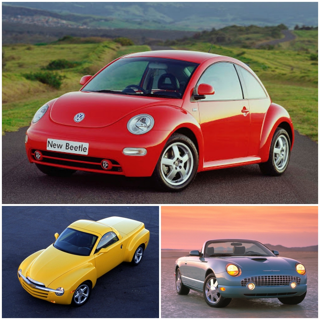 Coches retro: Volkswagen New Beetle de 1999, Chevrolet SSR de 2003 y Ford Thunderbird de 2002