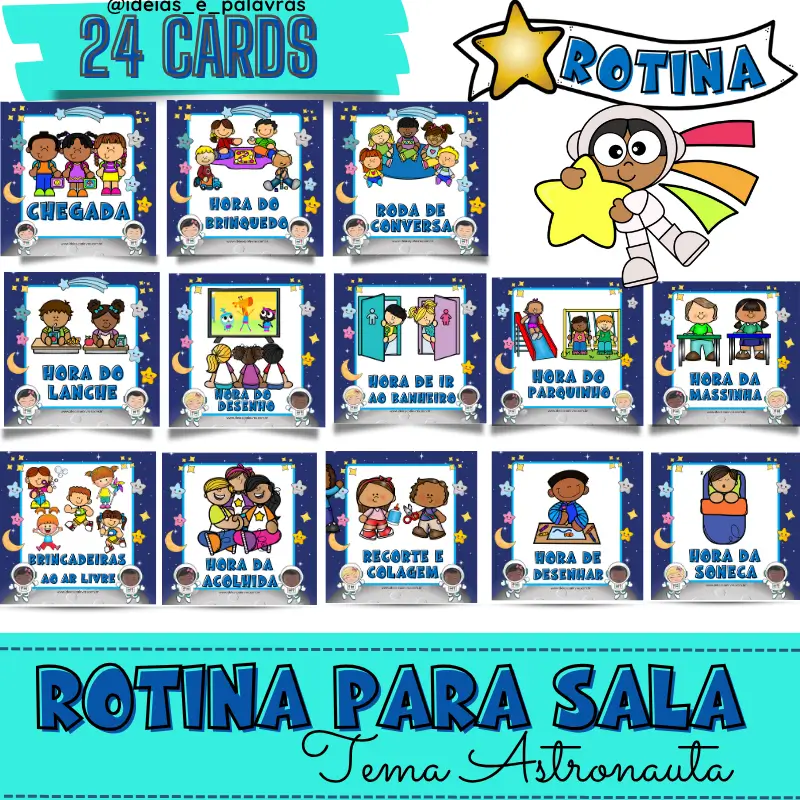 24 cards de rotina para sala de aula – tema astronauta