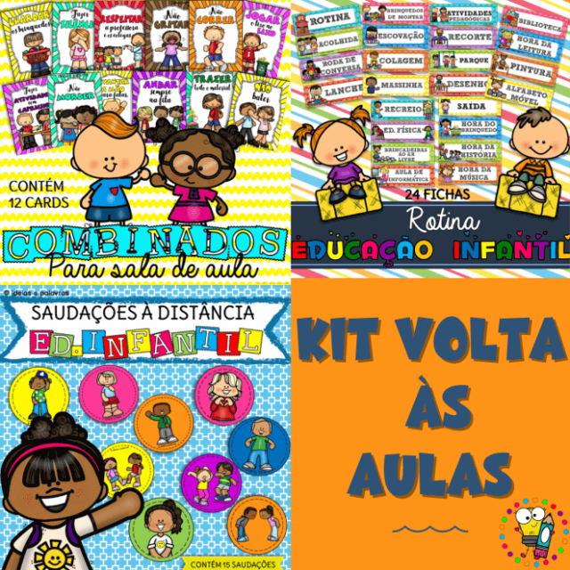 Kit volta as Aulas | Combinados 12 regras +  Rotina 24 cartas + Saudações a distância 15 cartas para Educação Infantil