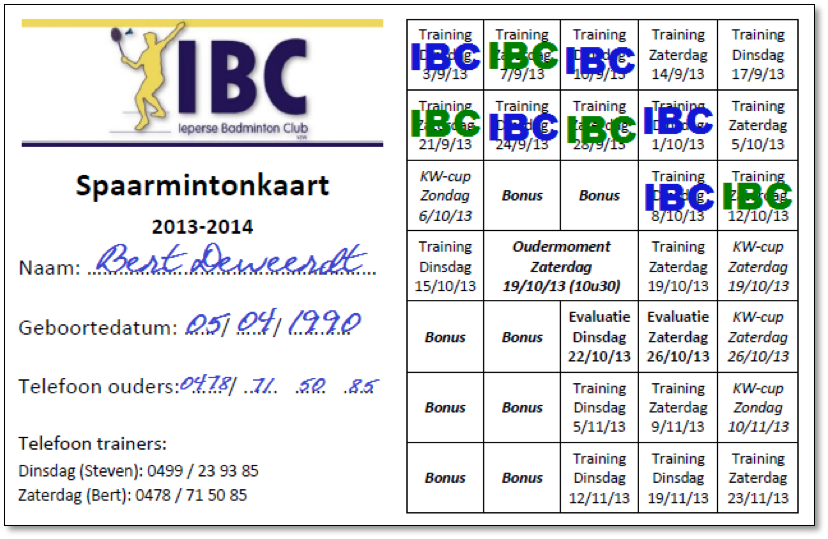 Voorbeeld spaarmintonkaart