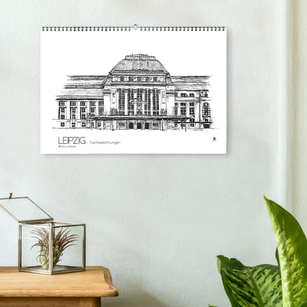 Titelbild des Leipzig Kalender, Motiv: Tuschezeichnung Hauptbahnhof Leipzig