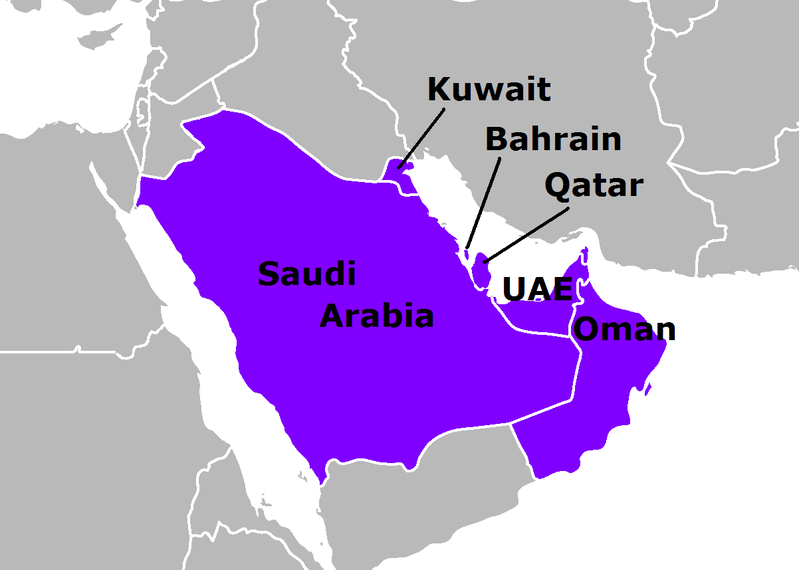 Bahrain, Kuwait, Oman, Qatar, Saudi-Arabia og De forente arabiske emirater er medlemsland i Gulf Cooperation Council.
