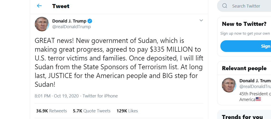 Skjermdump: Donald Trumps twitter